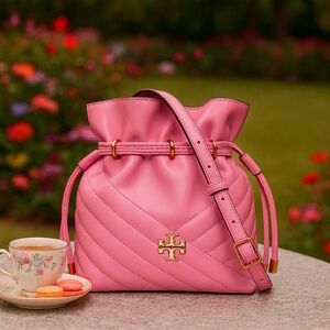 NEW Tory Burch Kira Chevron Pink Quilted Leather Mini Bucket Crossbody Bag